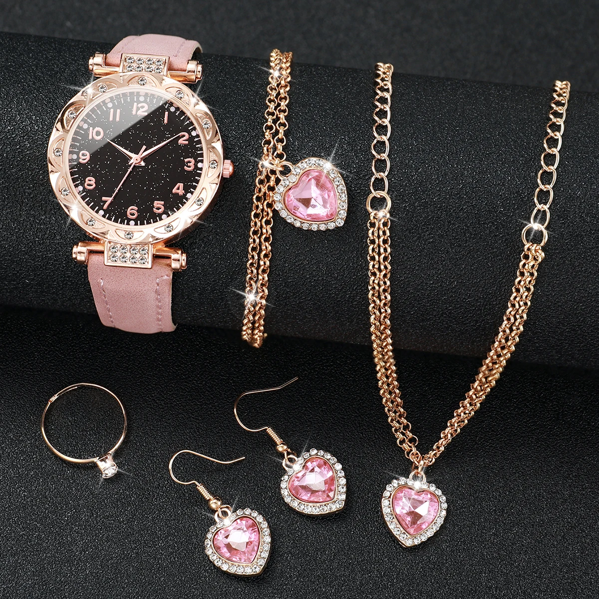 Reloj de cuarzo con correa de cuero para mujer, conjunto de joyería con corazón de amor, 6 unidades por Set