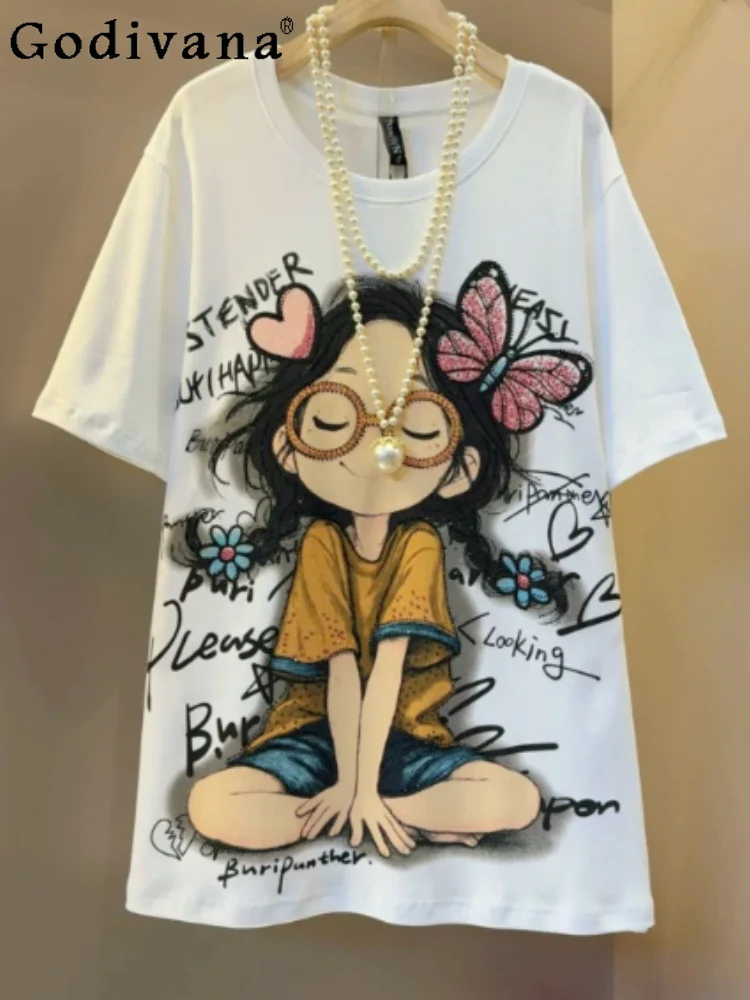 

Korean Large Size Women Summer New Short Sleeve Crew Neck T-shirt Sweet Cool Black Loose Age-reducing Hot Diamond Print T-shirts