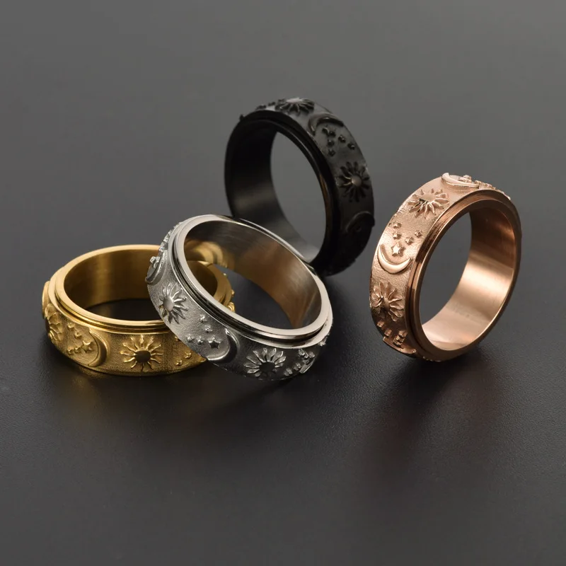 Spinning Anxiety Relaxing Ring With Star And Moon    Stainless Steel Rotate Freely Fidget Spinner Rings Bohemia Jewelry