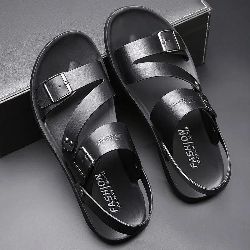 Solid Color Open Toe Mens Leather Sandals Fashion Comfortable Men\'s Sandals 2024 New Slippers Beach for Male Leather Footwear