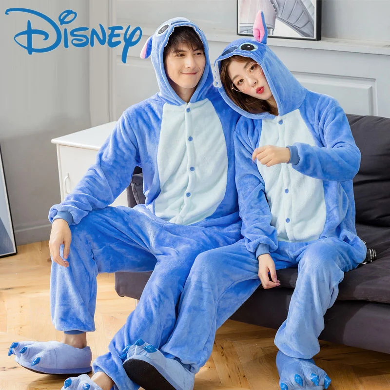 Disney Stitch Onesie Couple Flannel Sleepwear Unisex Cartoon Animal Pajamas Set Winter Women Men Warm Flannel Hooded Pyjama Gift