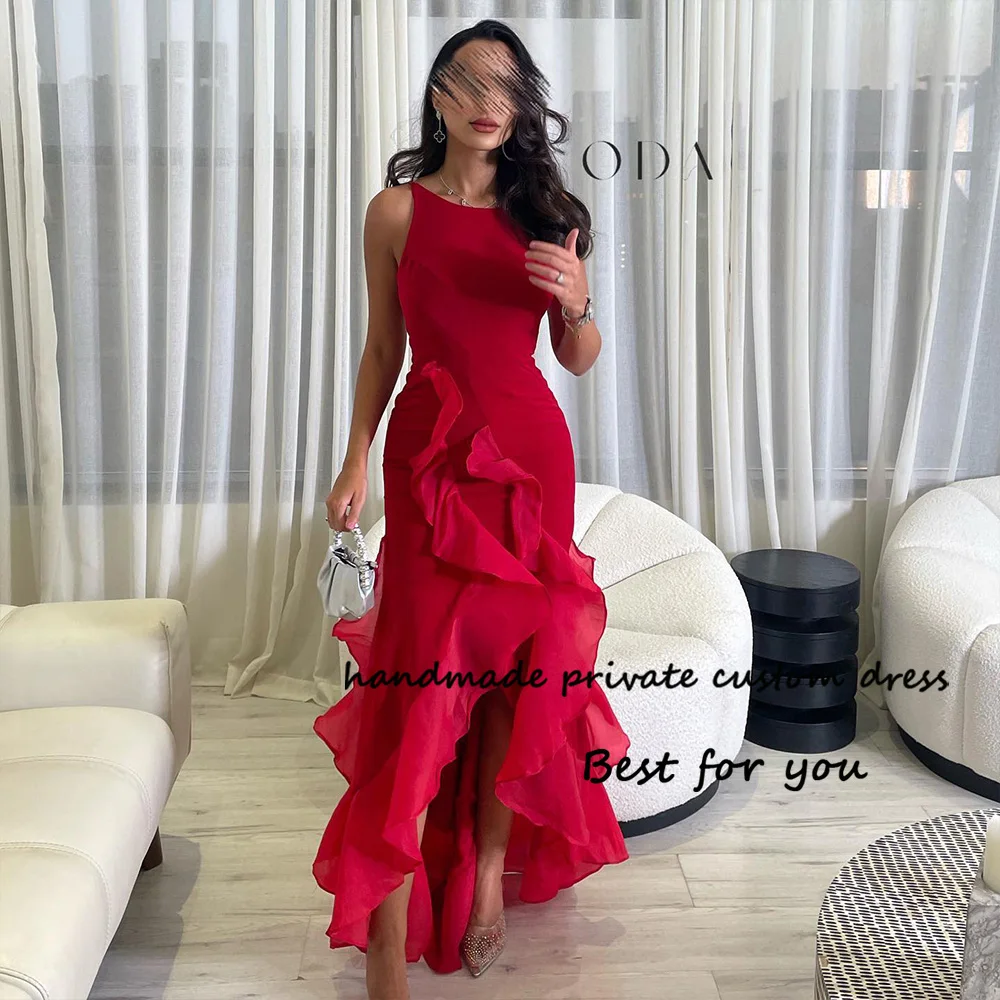 

Red Mermaid Saudi Arabic Evening Dresses with Split Ruffles Elegant Dubai Formal Dress O Neck Sleeveless Prom Party Gowns