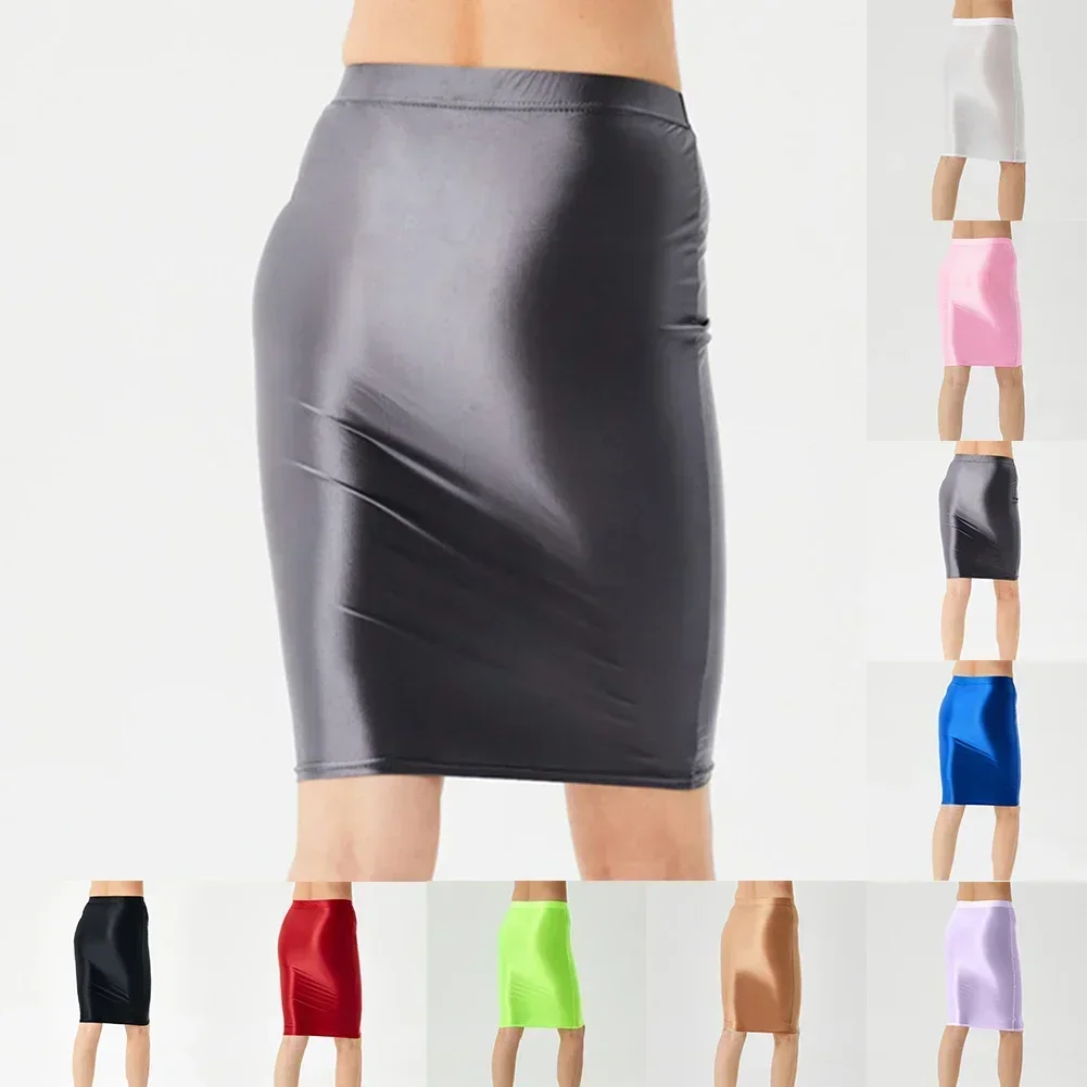 女性の光沢のあるハイウエストペンシルショートスカート、伸縮性のあるボディコン、パーティークラブウェア