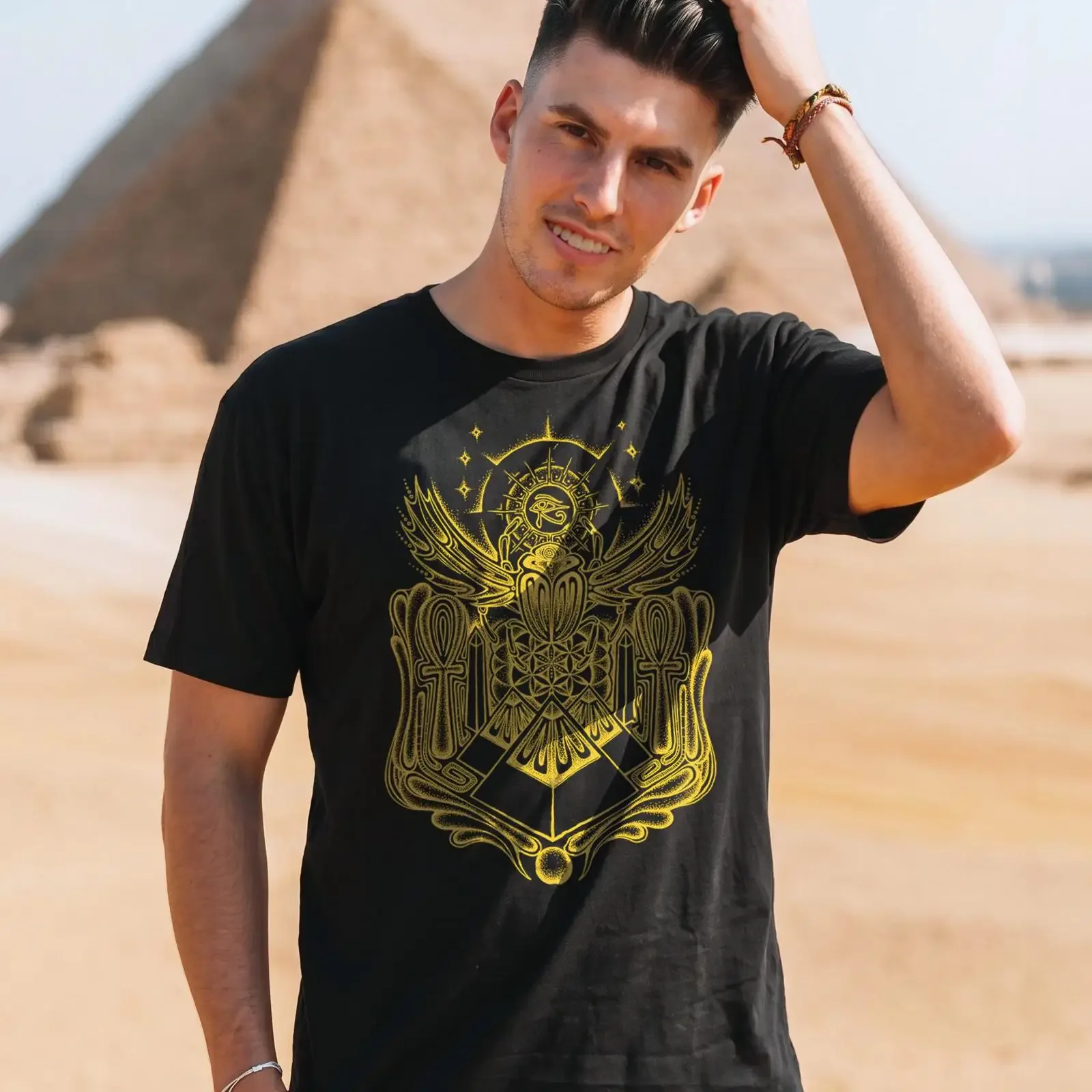 Psychedelic Egyptian T Shirt Gold Scarab Eye of Horus Print Mens Festival Sacred Geometry Flower Life Casual  Top vintage