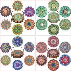GATYZTORY 6pc/Sets Diamond Painting Coasters 5D DIY Round Diamond Mosaic Mandala Cup Coasters with Holder