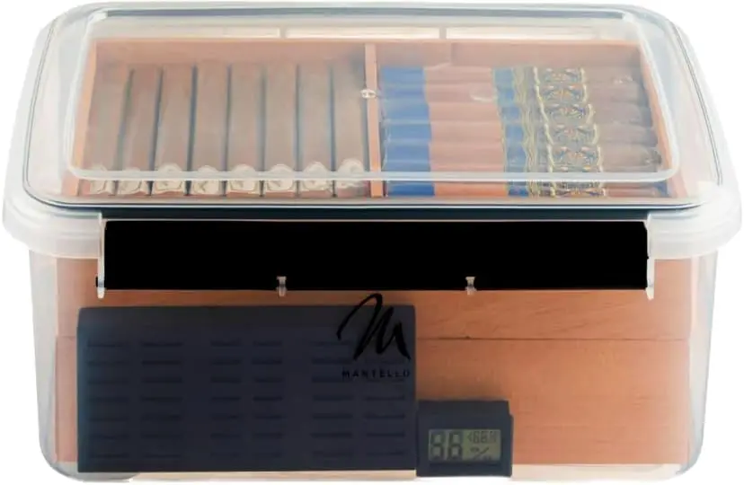 

Airtight Plastic Cigar Humidor with 2 Cedar Trays, Digital Hygrometer & Humidifier - Holds Up to 100 Cigars