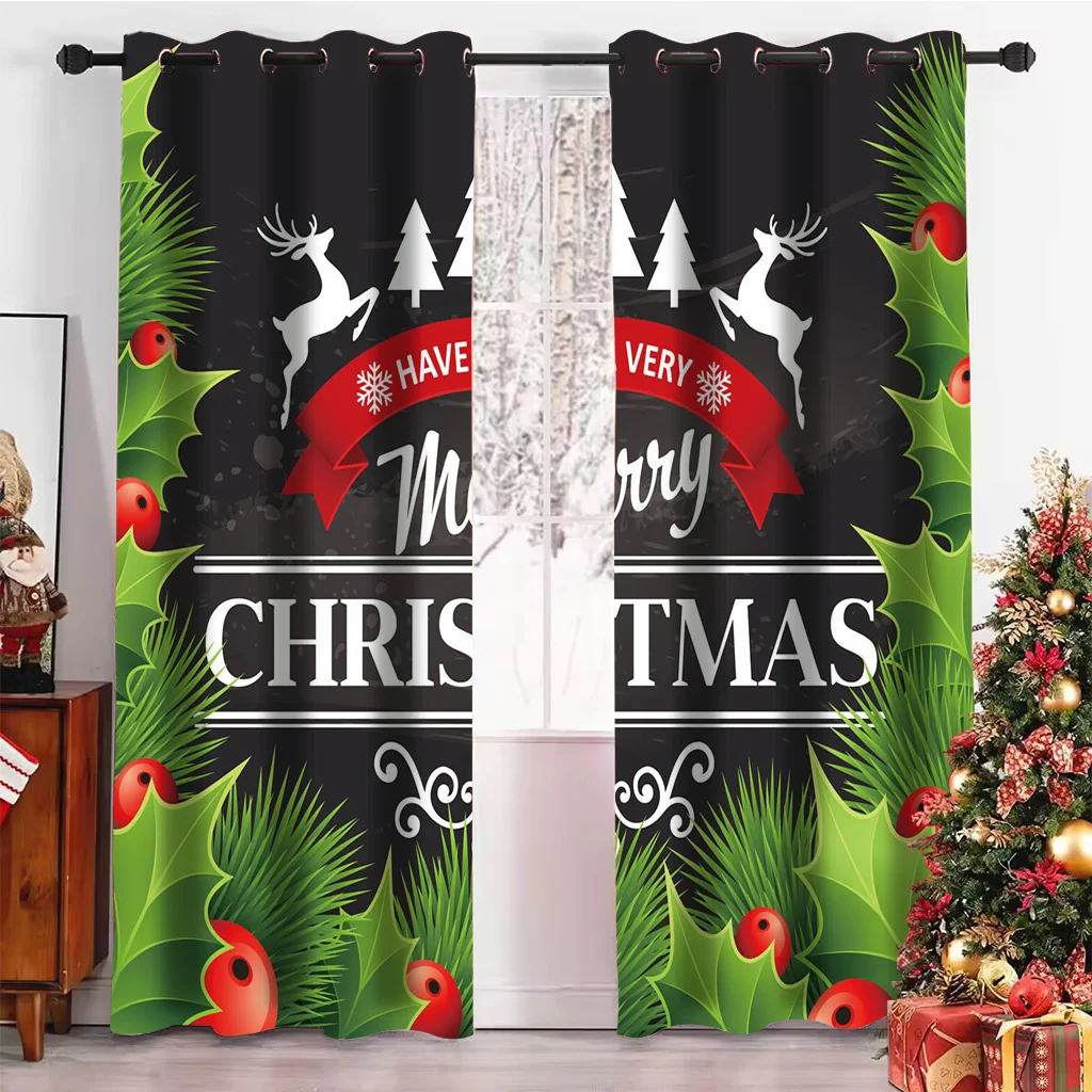 

Elk Christmas Tree Curtains Christmas Festive Bell Curtains 2 Panel Living Room Bedroom Kitchen Kids Room Decor Curtains