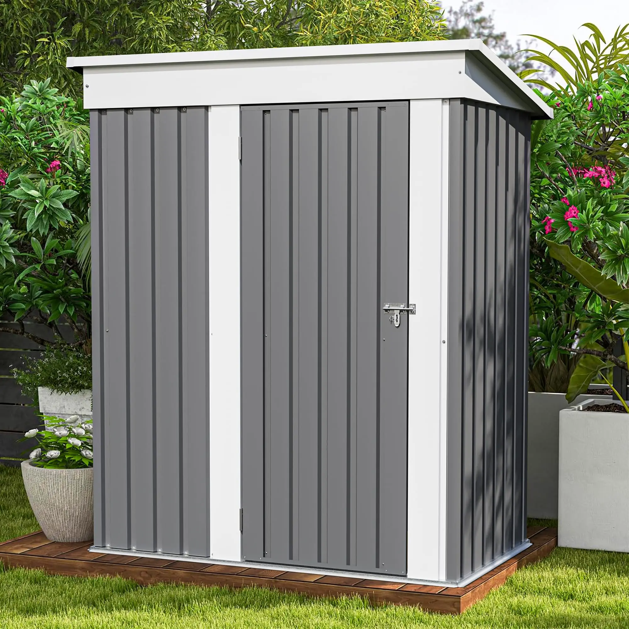 5x3 FT Outdoor Storage Shed, Brown | Tool Shed, Sloping Roof, Lockable Door, Metal Shed for Backyard Garden Patio Lawn