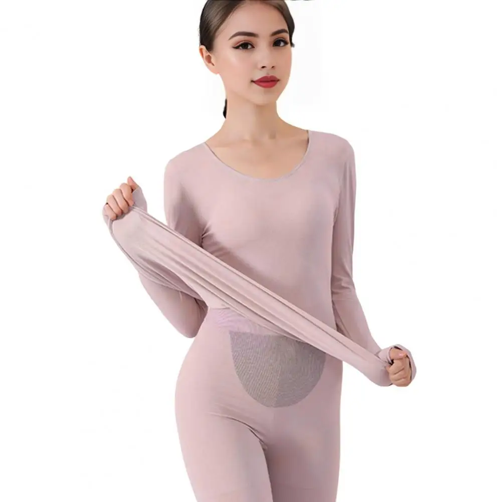 Women Loungewear 2pcs/set Thermal Underwear Set for Round Neck Long Sleeve Tops Warm Bottoming for Winter