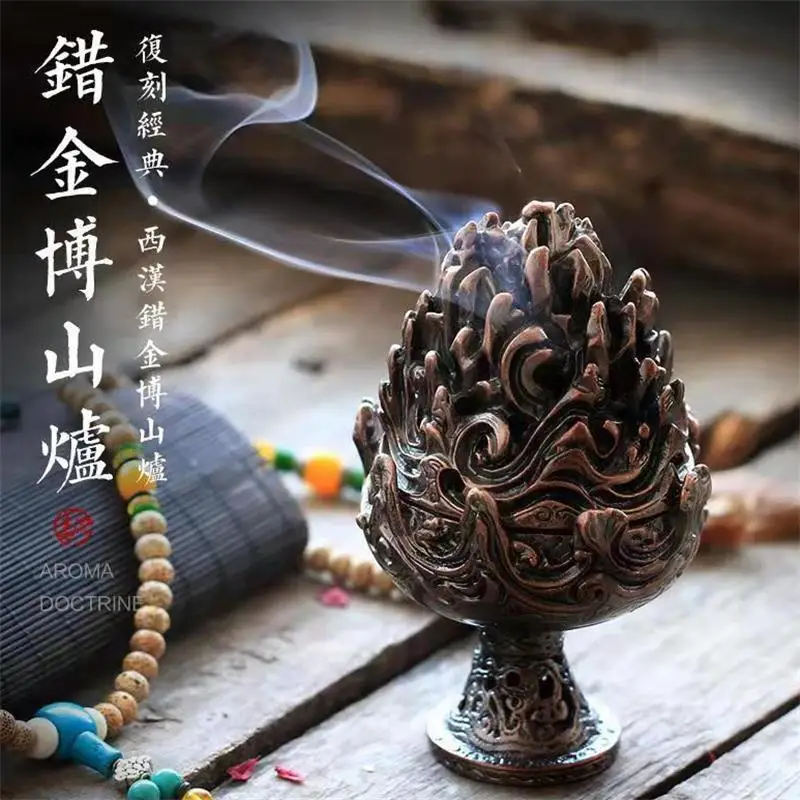 

Mini Antique Style Boshan Incense Burner Bronze Replica Han Dynasty Gold-Plated Copper Boshan Incense Burner for Home Use Agarwo