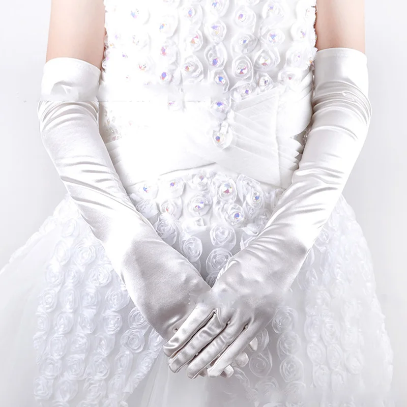 Guantes largos de satén clásicos para mujer, guante de dedo completo, guantes de codo de novia, guantes blancos de Tiquette para vestido de novia,