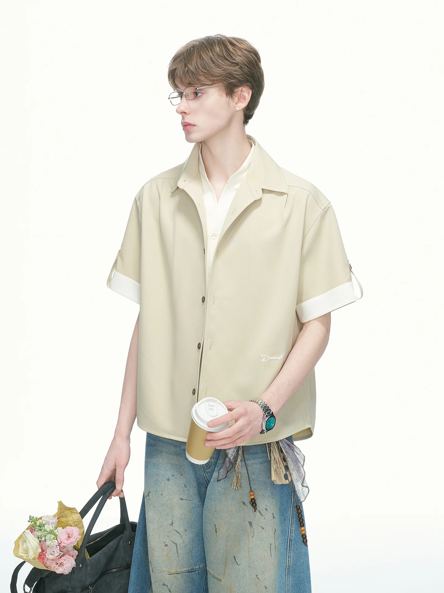 Dream Made Men's Casual Short Sleeve Embroidered Shirt Summer Leisure Couple's Half Sleeve Blouse Loose Fit Polyester Fiber