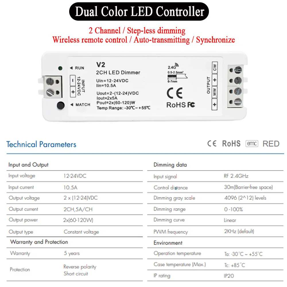 4 Zone CCT LED Dimmer Kit DC 12V 24V 2CH Dual Color LED Controller V2 Touch Wheel 2.4G RF Remote Controller RS2 Dimming Smoothly