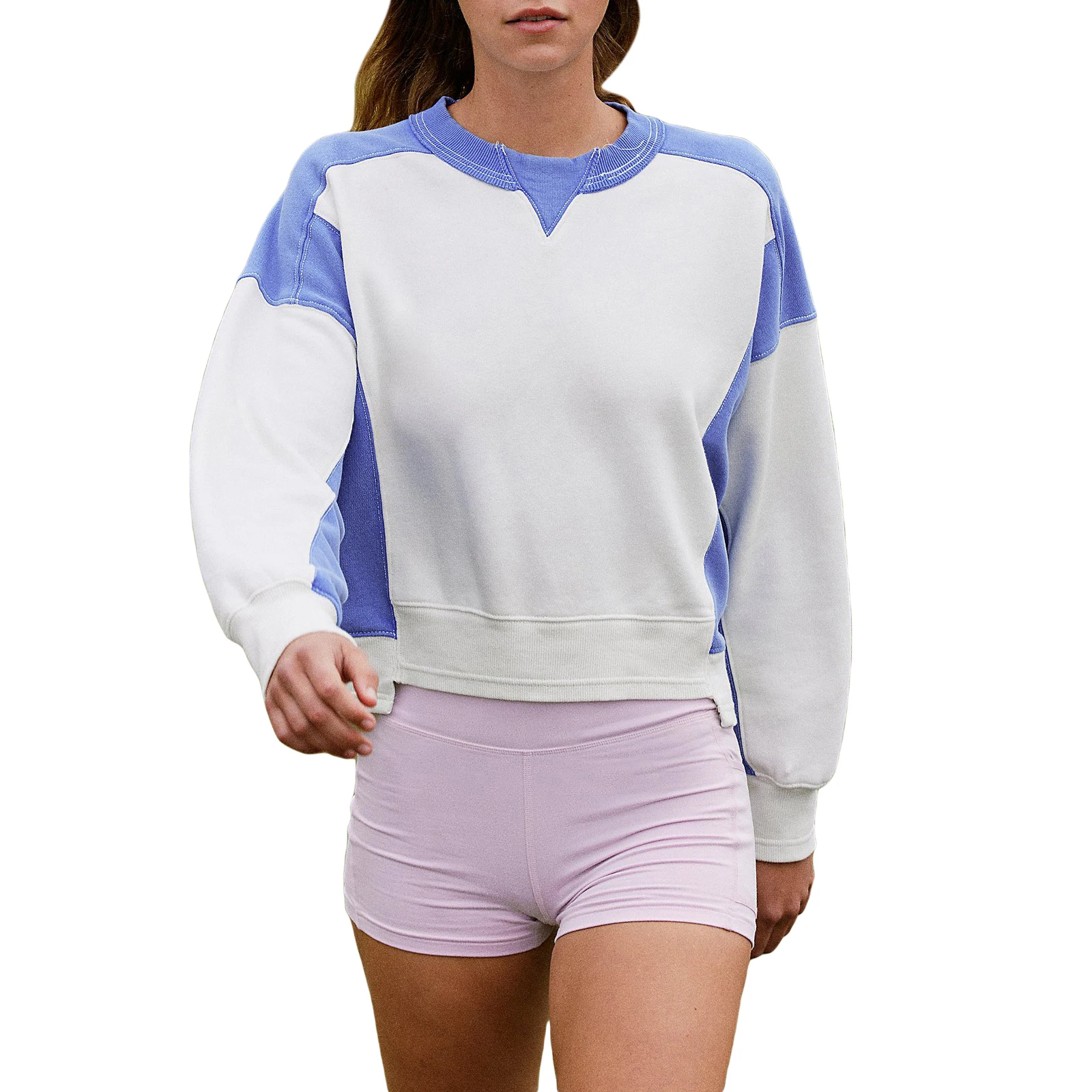 

Women's Colorblock Pullover Relaxed Fit Slightly Cropped Sweatshirts Classic Crew Neck Dropped Sleeves Ribbed Trim Sweatshirts