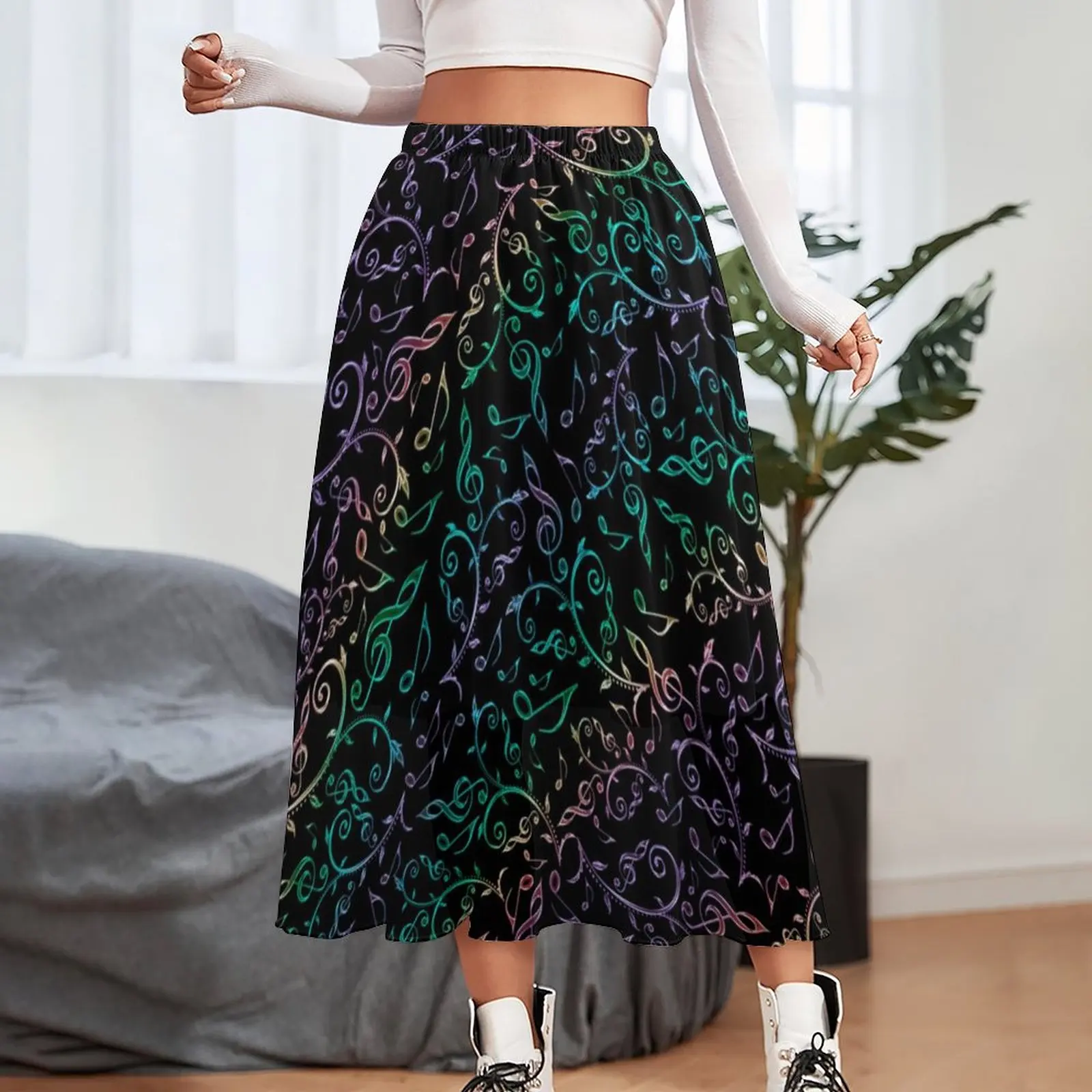 Colorful Music Notes Skirt Female Rainbow Floral Pattern Kawaii Long Skirts Elastic Waist Street Style Casual Skirt Large Size