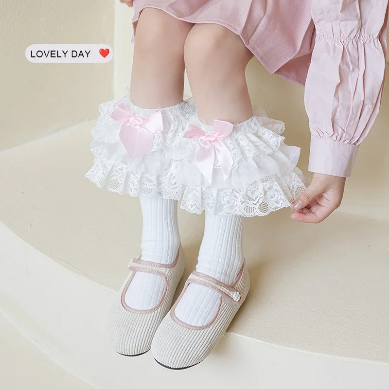 3-12Yrs Lolita Ballet Style Pile Cotton Socks Girl's Princess Multi Layer Lace Bow Hosiery Kids Children's Birthday Party Gifts