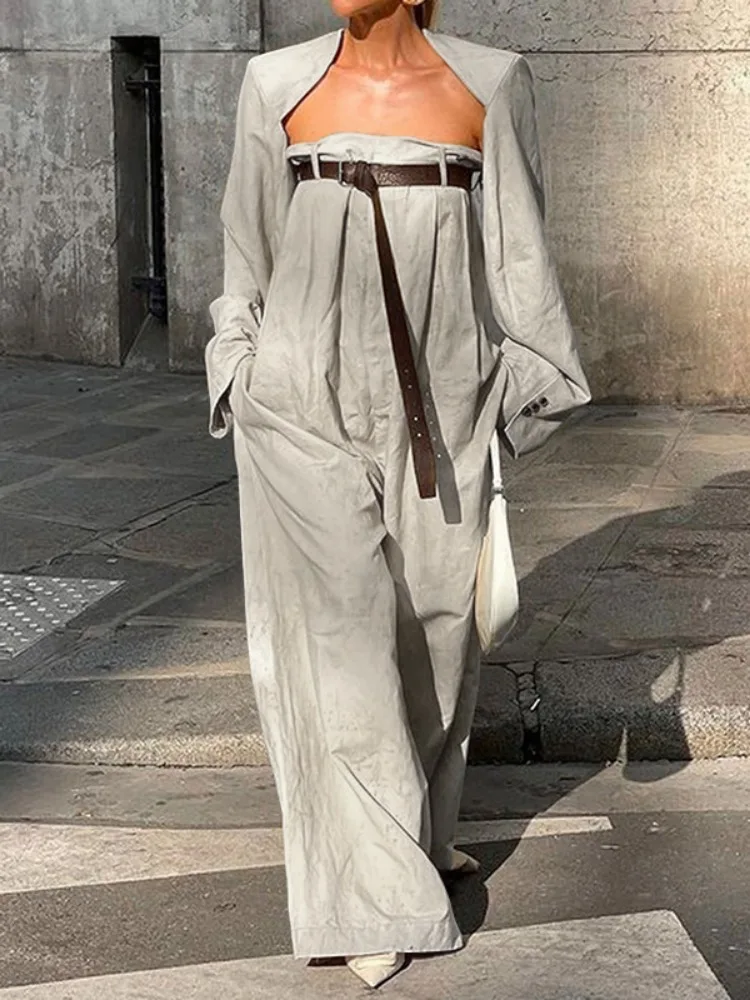 Tuta elegante da donna Freeacy Set capispalla a maniche lunghe senza colletto e tute a gamba larga senza spalline tuta estiva ampia