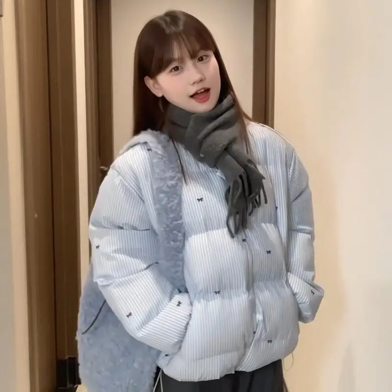

Girl's Student Stripe Cotton-Padded Jacket Thicken Preppy Style Korean Version Autumn Winter Women's Sweet Cotton Puffer Jacket