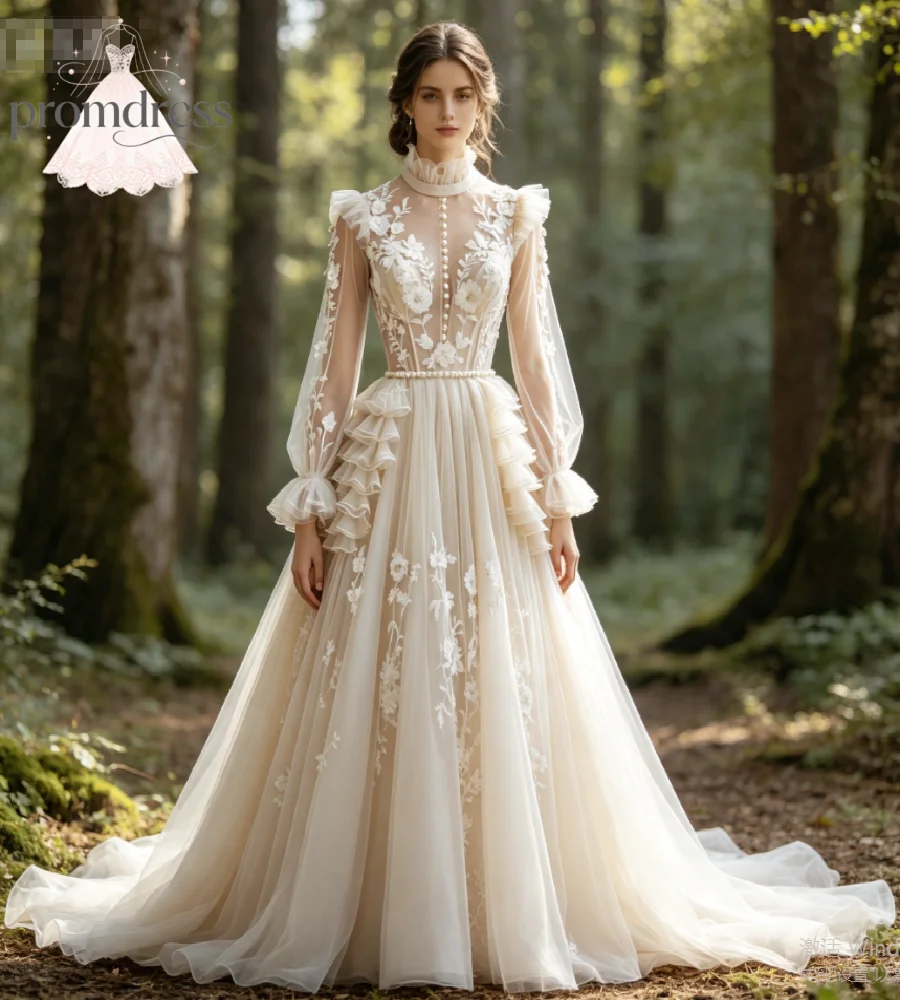 Ethereal Cottagecore Forest Wedding Dress High Neck Bishop Sleeve 3D Florals Lace Bohemian Bridal Gowns Fairy Light Champagne
