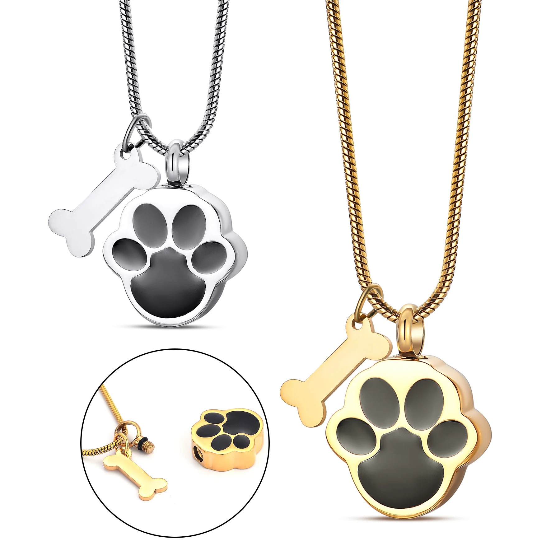 Paw Print Urn Necklace with Bone for Dog Cat Ashes Stainless Steel Cremation Keepsake Memorial Jewelry Gift With Filling kit