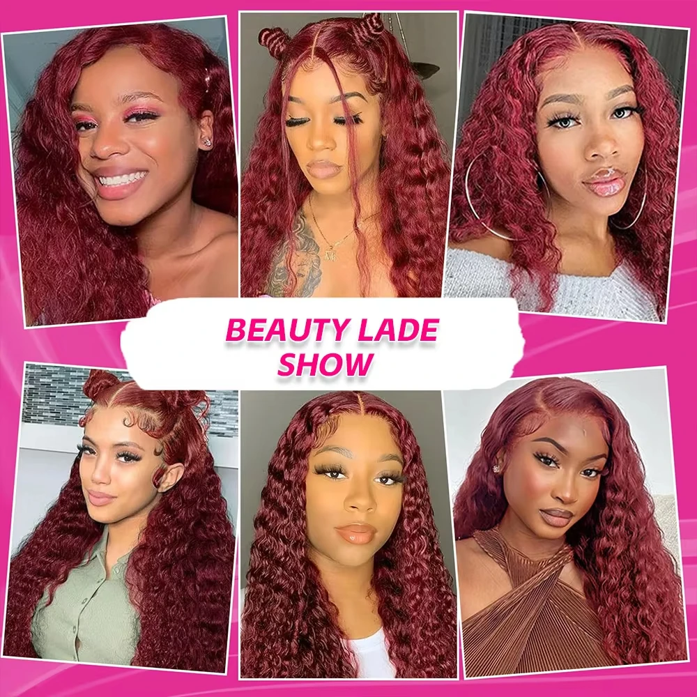 13x6 99j Burgundy Lace Front Wigs Human Hair Deep Wave 250 Density Transparent Frontal Wigs Pre Plucked Red Curly Wigs for Women image 6