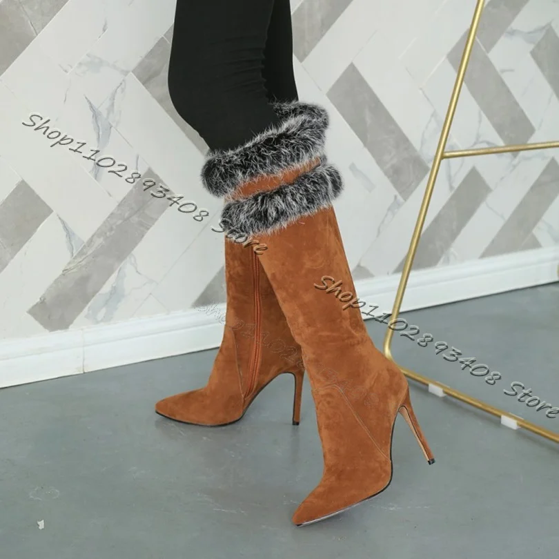 

Brown Flock Warm Boots Side Zipper Pointed Toe Stiletto Fur Decor Shoes Design Women Winter Big Size Boots Zapatos Para Mujere