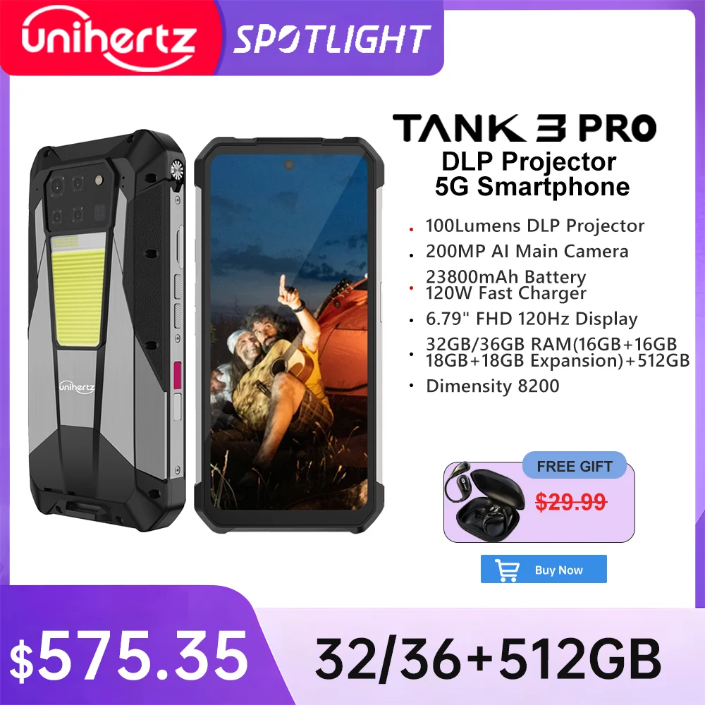 Unihertz Tank 3 Pro 8849 Rugged Smartphone android 5G with 100 Lumens Projector 32/36GB 512GB 23800mAh Waterproof 200MP phones