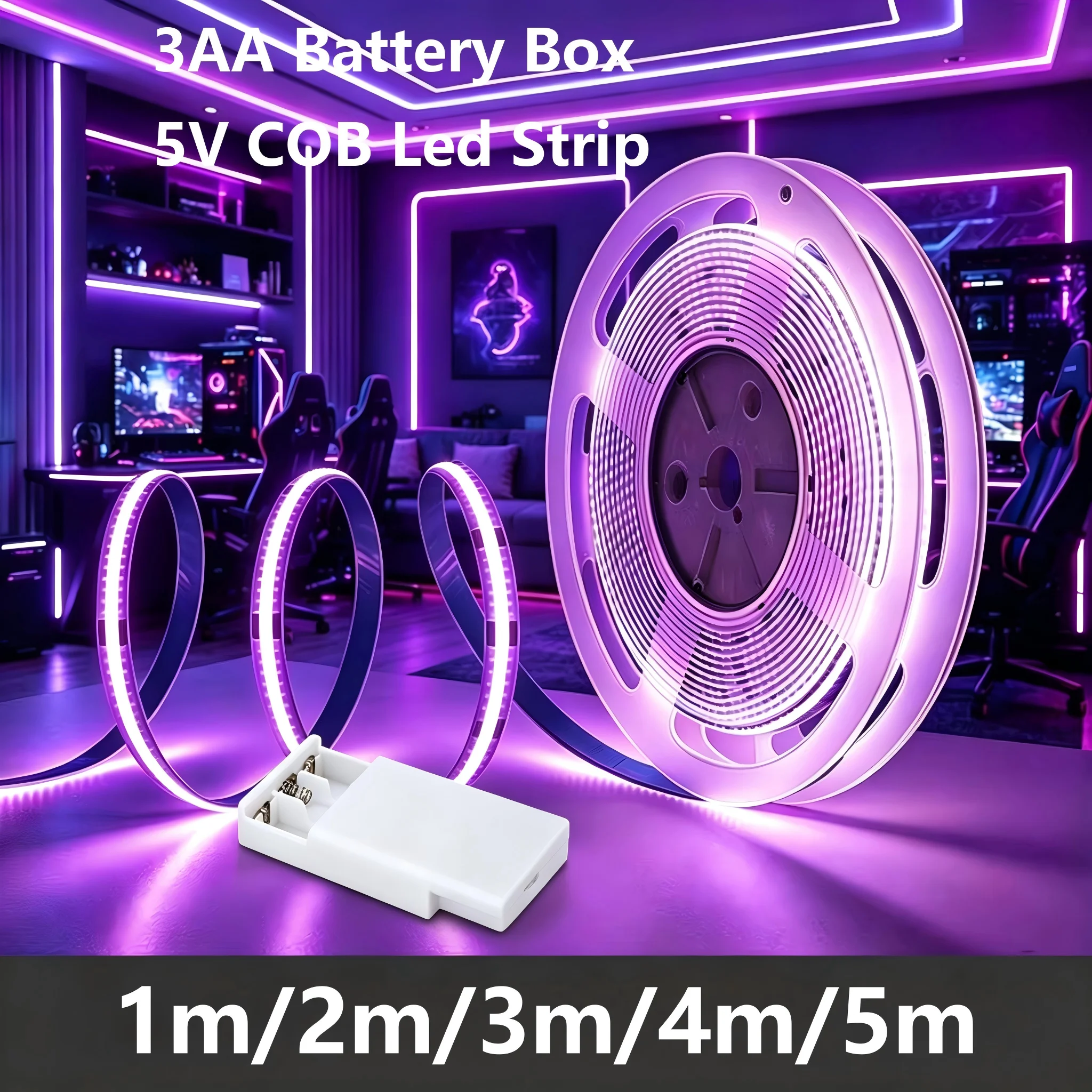 1 Roll of Cob Light Strip with Battery Box (Battery Not Included), Independent Multi-Color Led Light Strip, White/Warm White/Purple/Blue/Red/Pink, 1m to 5m Meters, Multiple Color Options, Suitable for Gaming, Car and Motorcycle Decoration, Under-Cabinet Lighting, Wardrobe, Bedside, Home Ambiance Led Light Strip