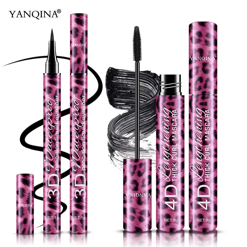 2 In 1 4D Mascara Lengthening Waterproof 3D Liquid Eyeliner Eye Mascara Black Volume With Silk Fibers Brush Eyelash Makeup Tool