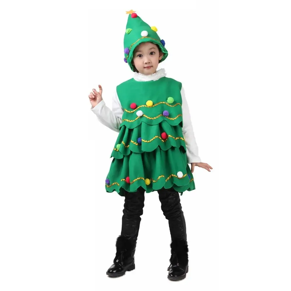 ファッションポリエステルクリスマスツリーコスチューム Leeveless 帽子子供ドレス漫画パフォーマンスコスプレ衣装子供