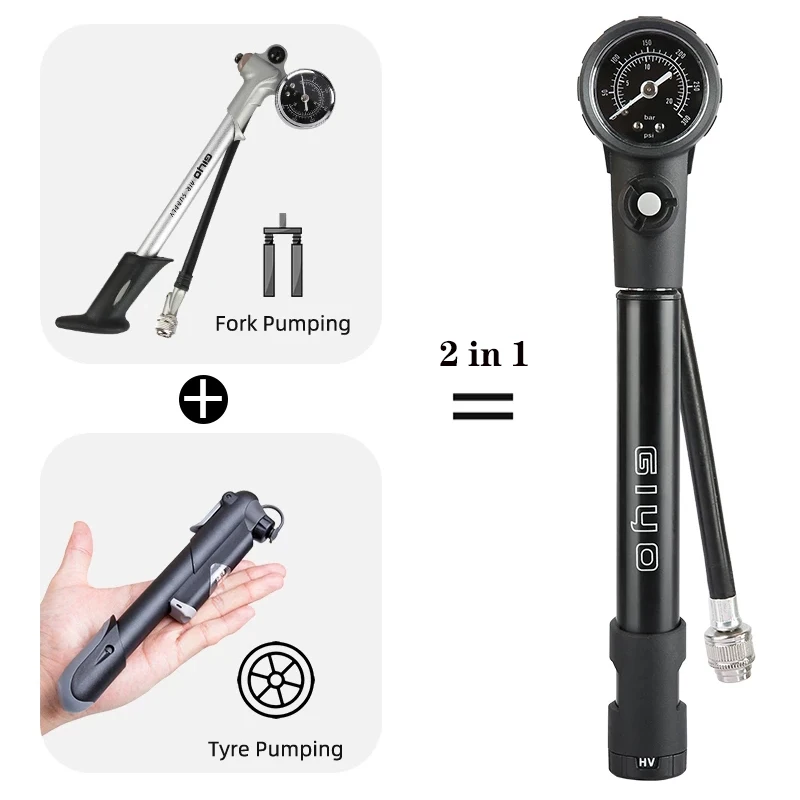 300psi Giyo MTB Shock Fork Pump Bicycle Tyre Inflator Schrader Presta HP/HV Two Mode Inflate Rear Suspension Pump with Gauge