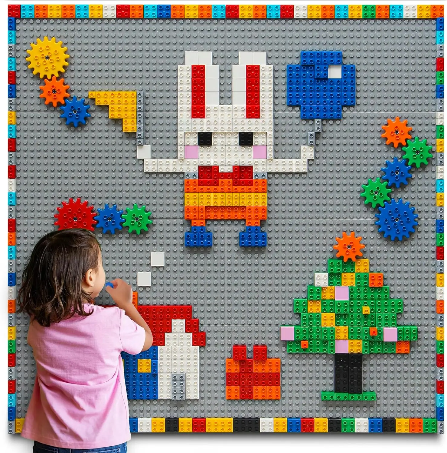 

Customize Building Block Wall, 470+ PCS Activity Wall Mount Toys Bricks with Self Adhesive Baseplate 9PCS (10"x10") for All Majo