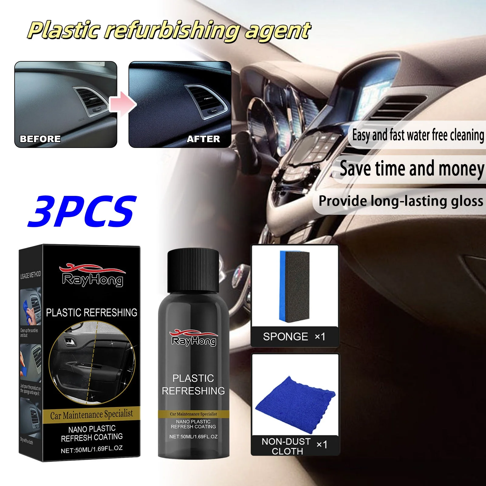 

3PCS Car Plastic Restore Coating Agent Leather Restore Plastic Leather Restore Black Shine Seal Brightening 50ML For Car Clean