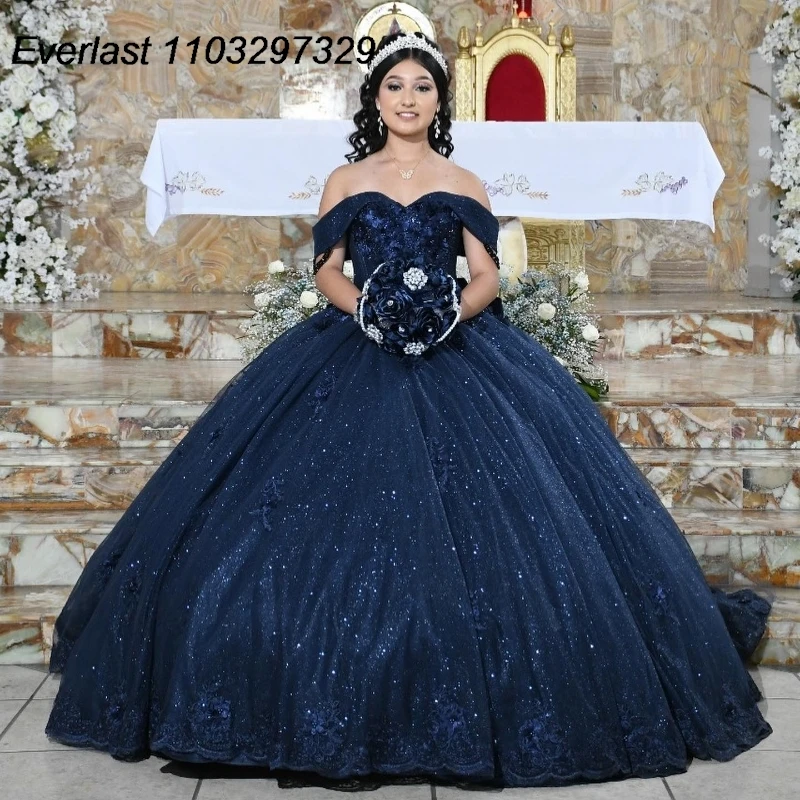 EVLAST Customized Navy Blue Quinceanera Dress Ball Gown Applique Beading With Bow Corset Sweet 16 Vestidos De 15 Anos TQD892