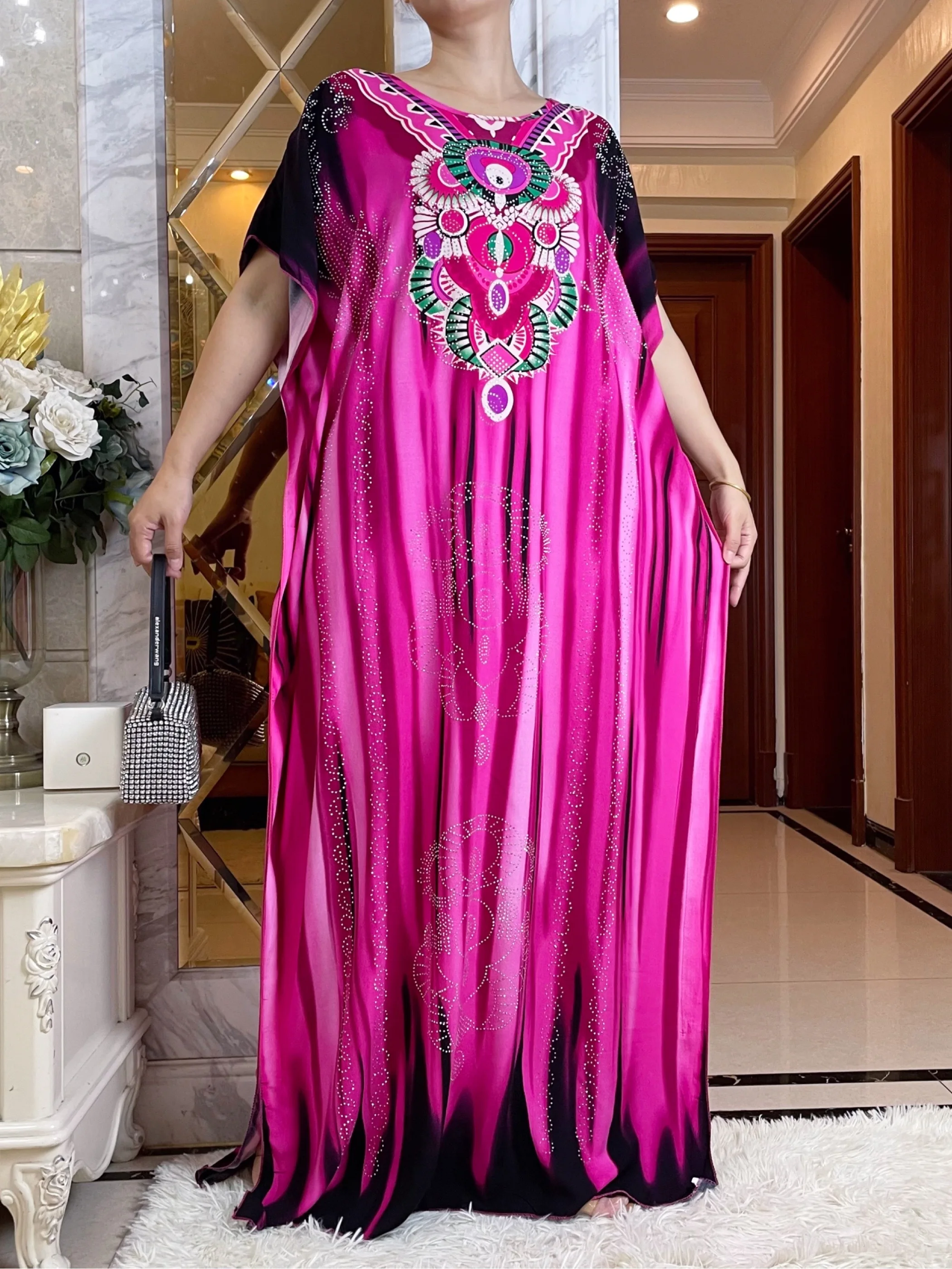 Newest Summer Party Dress Short Sleeve With Big Scarf Printing Floral Loose  Boubou Maxi Islam Women  African Abaya Clothes