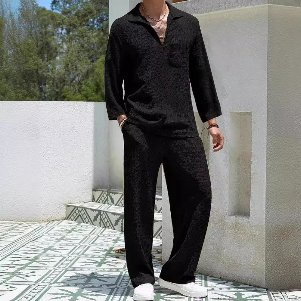Mens Plain Casual Commuter Suit Streetwear Fashion Youth Outdoor Versatile Shirt Long Trousers Two P