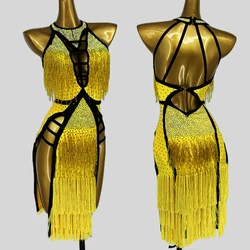 2024 Latin Dance Competition Dress Women Yellow Rhinestone Fringe Dress Cha Cha Rumba Dance Costume Prom Show Clothing BL13421