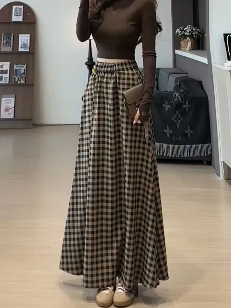 

Ретро-юбка миди в клетку с драпировкой и эластичным поясом, повседневная, универсальная, весна 2025, новая корейская модель, свободный крой, средней длины