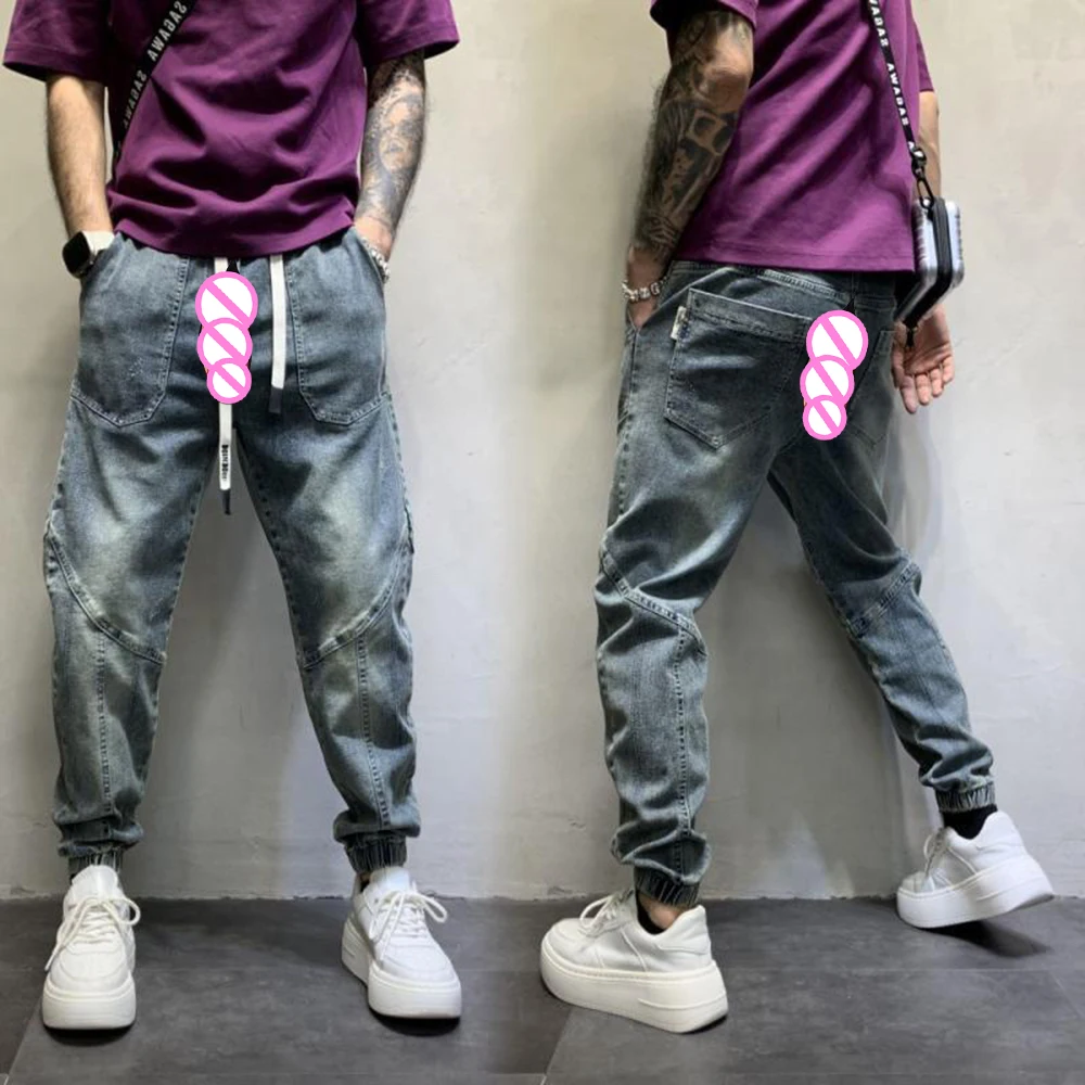 High End Comfortable Denim Slacks Invisible Open Crotch Outdoor Sex Old Jeans Men's Handsome Nine Point Pants Pencil Trousers