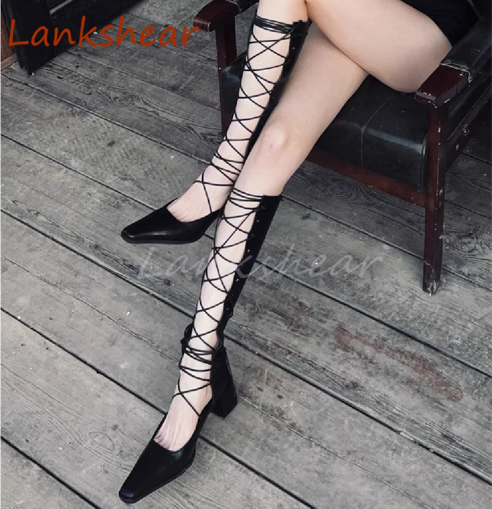 Cross Tied Summer Women Boots Square Heel Square Toe Lace Up Sexy Over the Knee Black Retro Niche Design Women Shoe New Arrivals