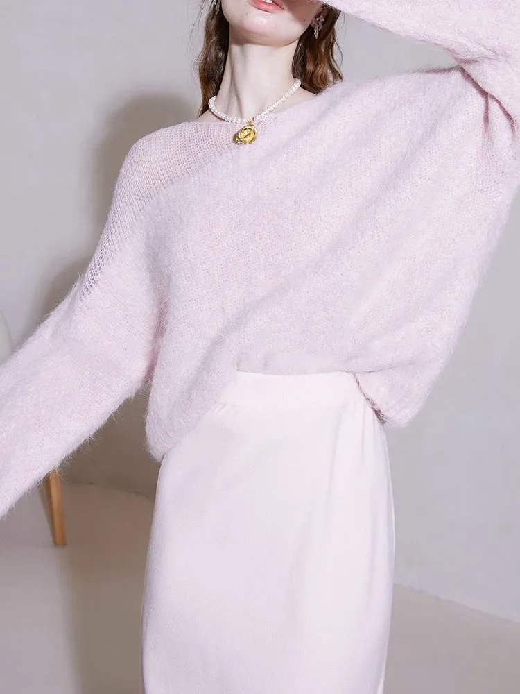 SXTHAENOO 57% Alpaca Women Simple Solid Round Neck Pullovers Drop Sleeve 2024 Winter Casual Pink Female Short Sweaters