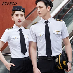 Aviation Pilot White Shirt Men Summer Short Sleeve Slim Air Force Captain Stewardess Pilot Uniform Office Work Cosplay Clothes