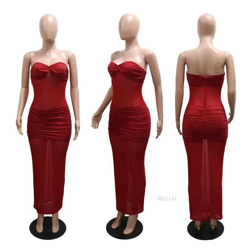 Europe America 2025 Tube Top Milk Silk Splicing Mesh Hot Diamond Party Hip Wrap Dress Long Dress
