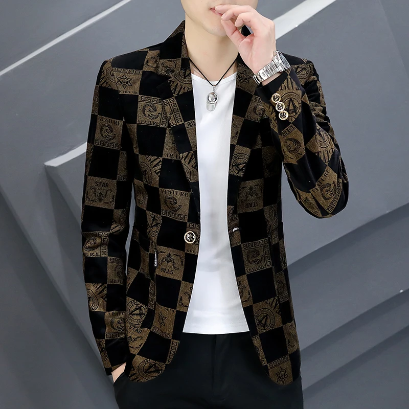 Luxury Vintage Print Men Blazers Business Casual Suit Jacket Slim Social Wedding Groom Blazer Masculino Streetwear Men Clothing