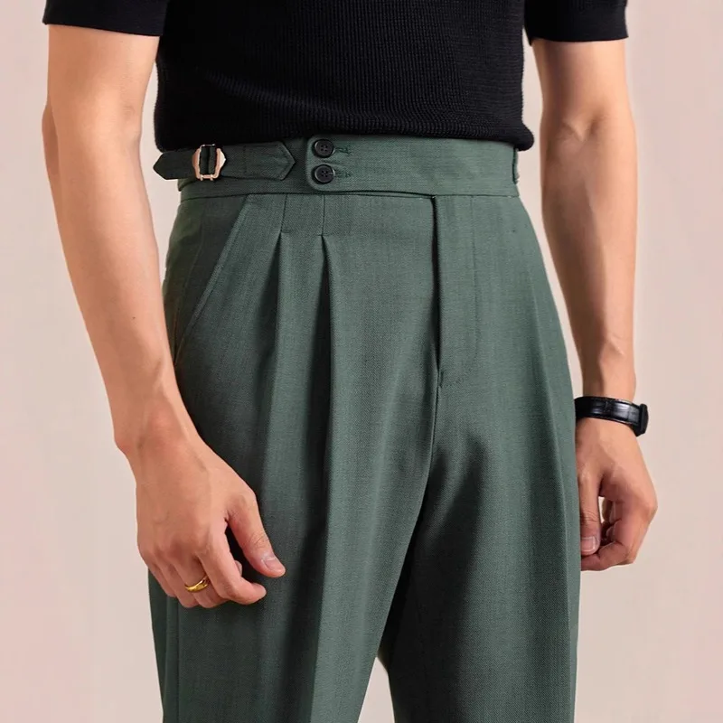 

KIDWHXR Men Suit Pant British Style High Waist Pleated Male Trousers Vintage Solid Business Casual Premium Elegant Man Pant