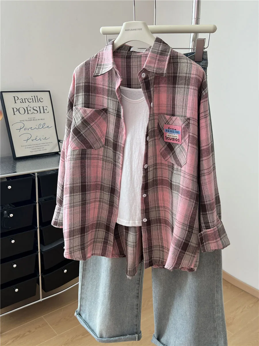 Fashion Pink Plaid Women Shirts Trendy Casual Top For Daily & Streetwear Retro Autumn New Long Sleeve Ladies Clothes Hot Sale