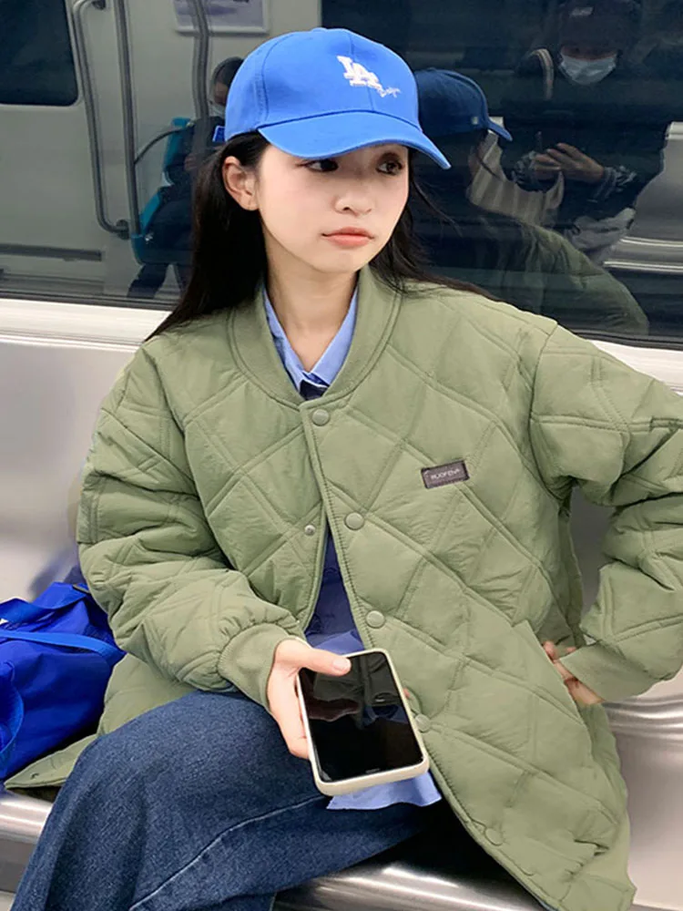 New Winter Cotton-Padded Jacket Women Fashion Designed Sense Rhombic Baseball Outwear Puffer Coat Thin Parka Coat Female Top