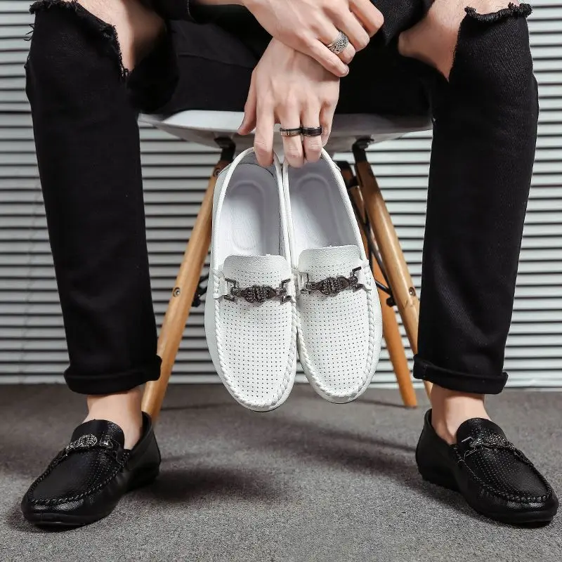 Korean Style Men Spring Summer Breathable Hollow Driving Loafers Slip on Casual Leather Shoes Versatile Footwear