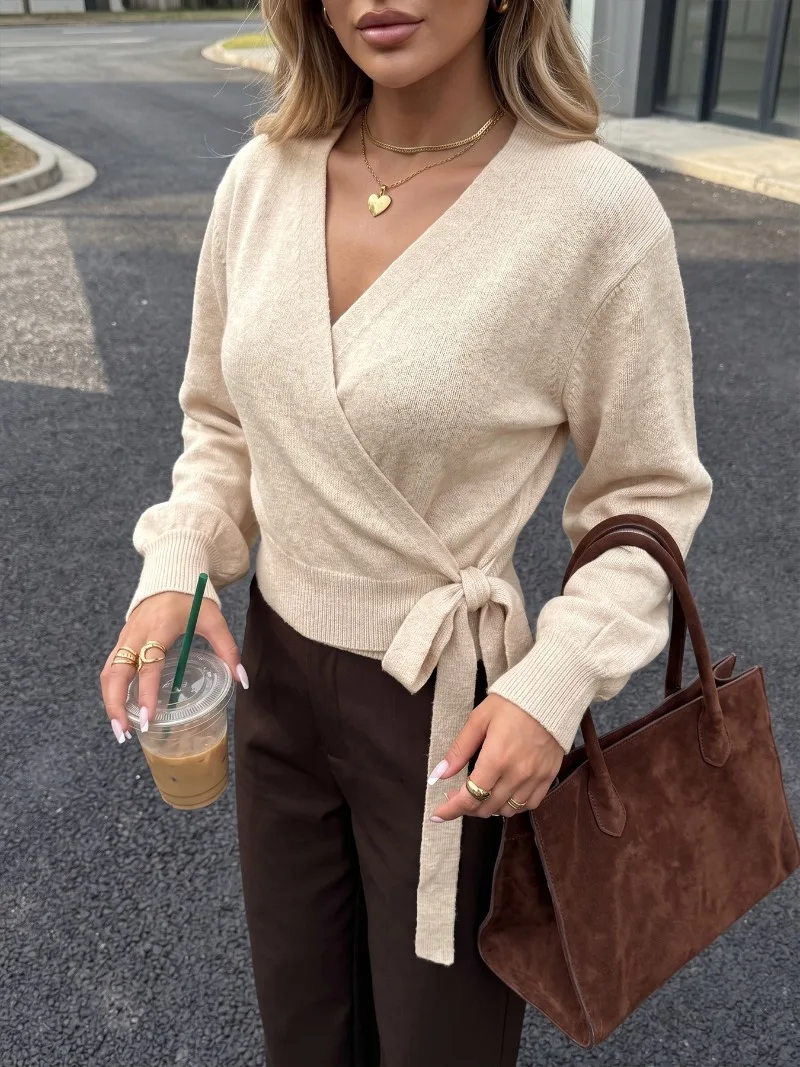 FRAYA LAB Women Solid Color Wrap Tie V Neck Pullover Sweater Fall Winter 2026 New Trendy Chic Soft Warm Cozy Knit Top Streetwear