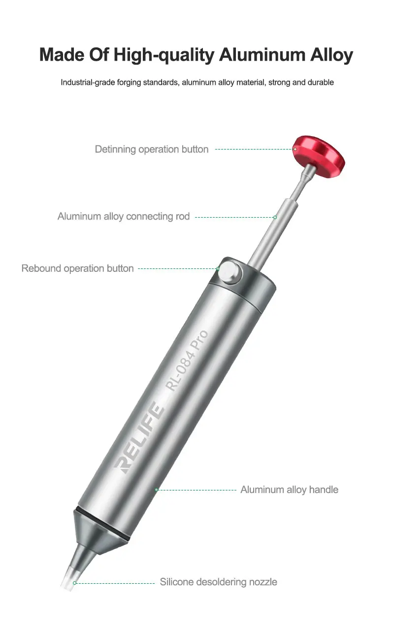 RELIFE RL-084 Pro Entlötsauger aus Aluminiumlegierung mit starker Saugkraft, leistungsstarke Vakuumabsaugung zum Entfernen und Reparieren von Leiterplatten – Detail 7